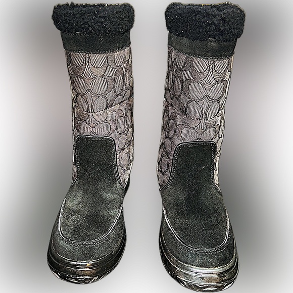 Coach Sherman Winter Boots Fleece Lined Black Suede Logo Print Booties US 5 - Picture 11 of 11